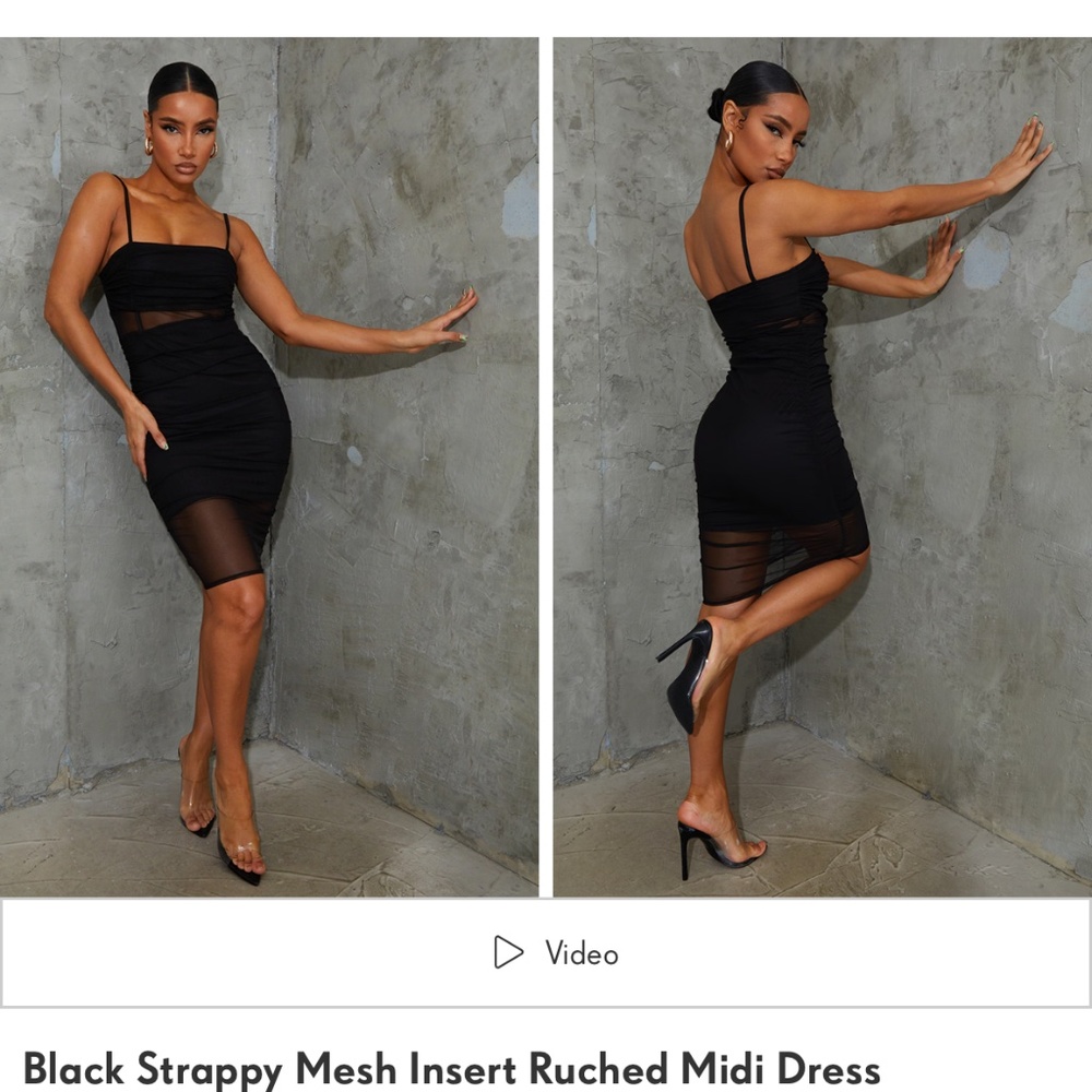 Pretty Little Thing Black Strappy Mesh Insert Ruched Midi Dress size 2